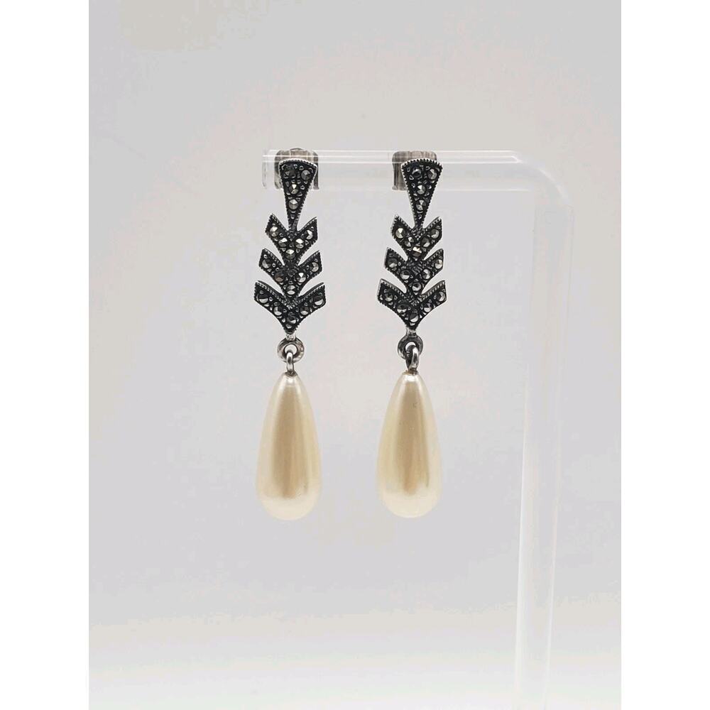 Vintage Art Deco Style Sterling Silver Marcasite Faux Pearl Pierced Earrings